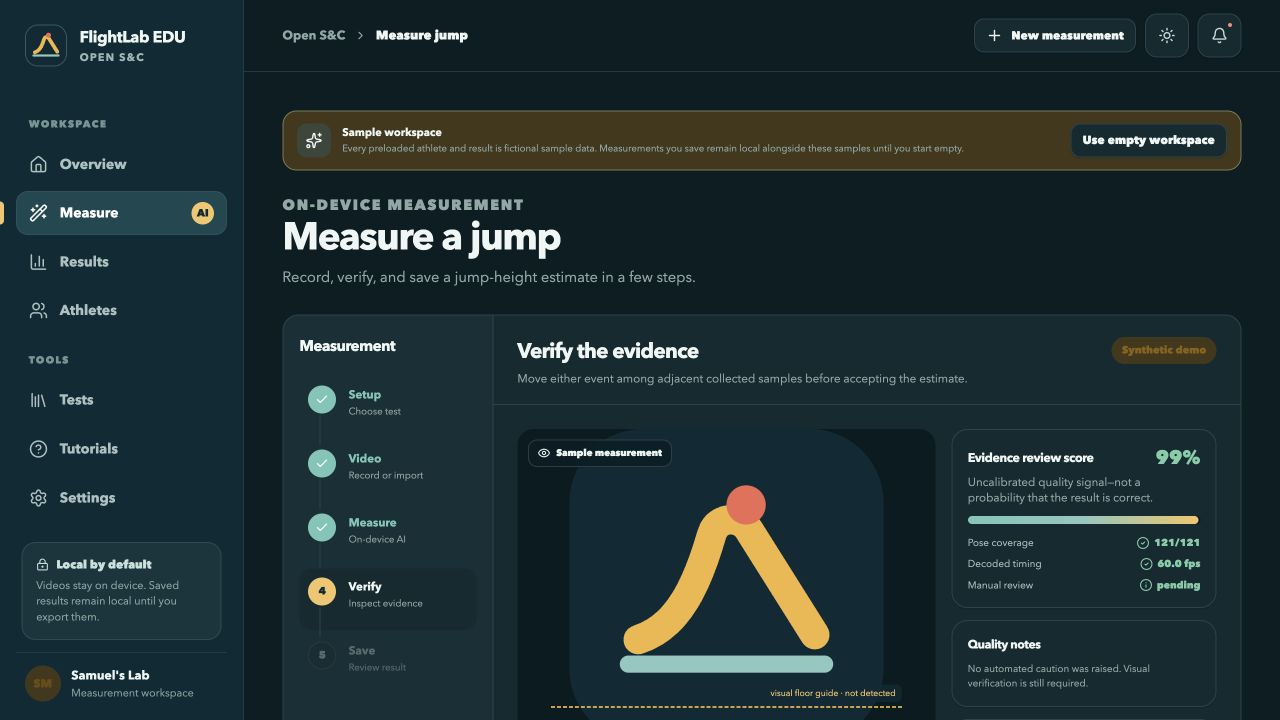 FlightLab EDU evidence-review screen with a sample jump, quality score, and manual review step